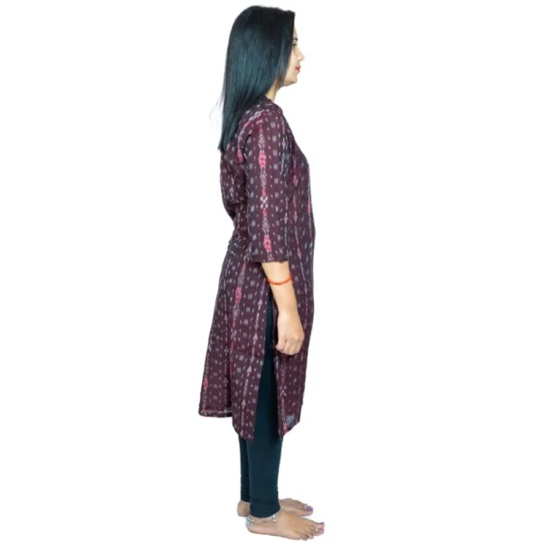 Women's Sambalpuri Certified Handloom Pure Cotton Straight Kurti (Brown) - Image 3