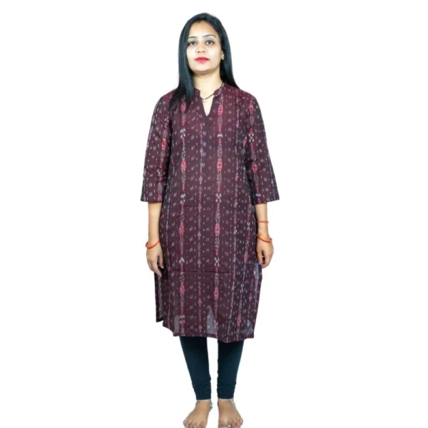 Women's Sambalpuri Certified Handloom Pure Cotton Straight Kurti (Brown) - Image 4