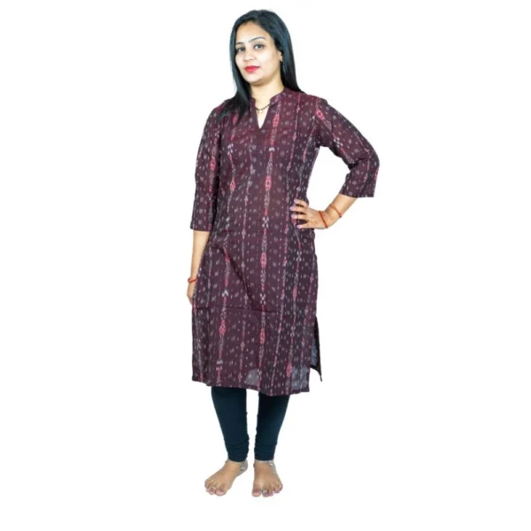 Women's Sambalpuri Certified Handloom Pure Cotton Straight Kurti (Brown) - Image 6