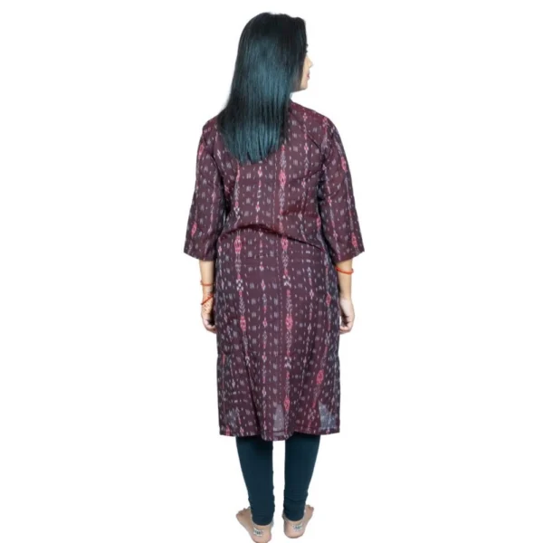 Women's Sambalpuri Certified Handloom Pure Cotton Straight Kurti (Brown) - Image 2