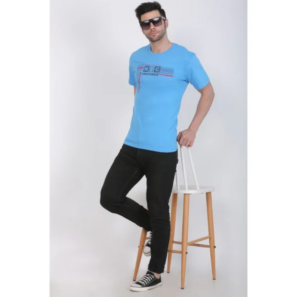 Men's Cotton Jersey Round Neck Printed Tshirt (Turquoise Blue) - Image 3