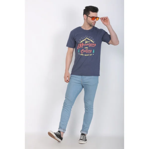 Men's Cotton Jersey Round Neck Printed Tshirt (Blue Melange) - Image 2