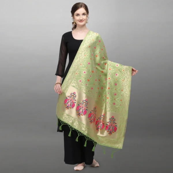 Generic Women's Silk Pure Zari weaving Duppatta (Light Green, Length: 2-2.3 Mtrs) - Image 3