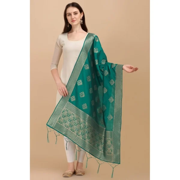 Generic Women's Silk Pure Zari weaving Duppatta (Green, Length: 2-2.3 Mtrs) - Image 2