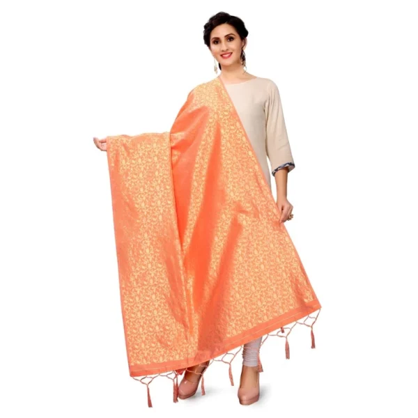 Generic Women's Silk Pure weaving Work Duppatta (Orange, Length: 2-2.3 Mtrs) - Image 2