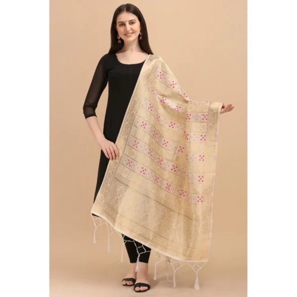Generic Women's Silk Pure weaving Work Duppatta (Off White, Length: 2-2.3 Mtrs) - Image 2