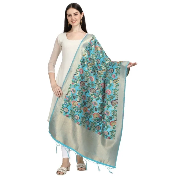Generic Women's Silk Pure Zari weaving Duppatta (Light Blue, Length: 2-2.3 Mtrs) - Image 2