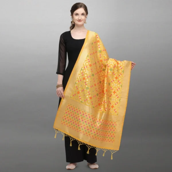 Generic Women's Silk Pure Zari weaving Duppatta (Mustard Yellow, Length: 2-2.3 Mtrs) - Image 3