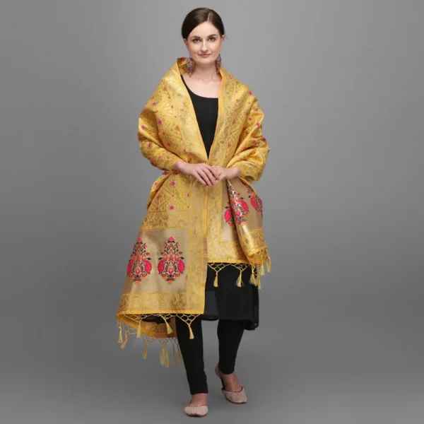Generic Women's Silk Pure Zari weaving Duppatta (Mustard Yellow, Length: 2-2.3 Mtrs) - Image 3