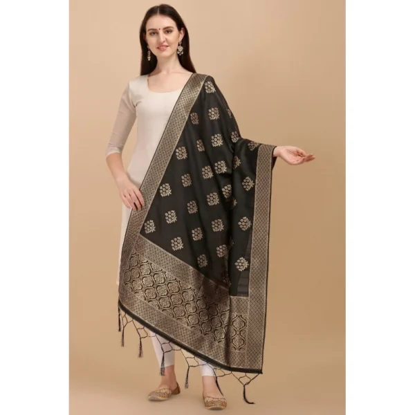 Generic Women's Silk Pure Zari weaving Duppatta (Black, Length: 2-2.3 Mtrs) - Image 2