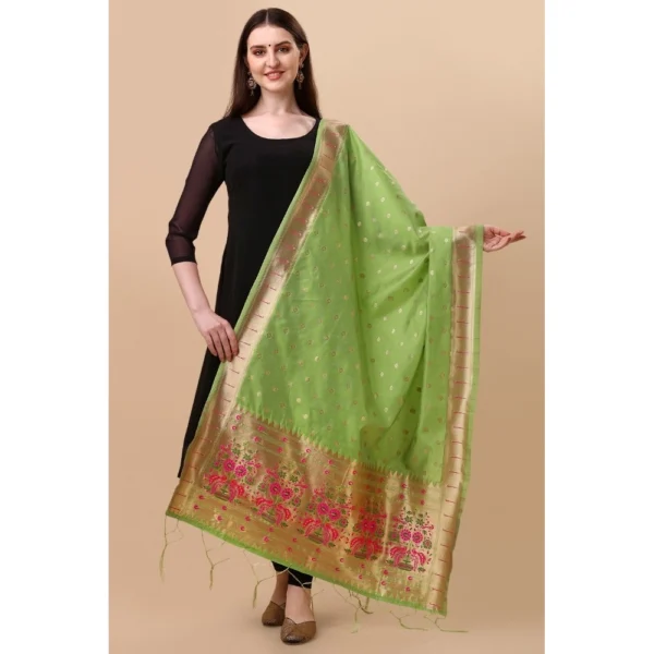 Generic Women's Silk Pure Zari weaving Duppatta (Light Green, Length: 2-2.3 Mtrs) - Image 2