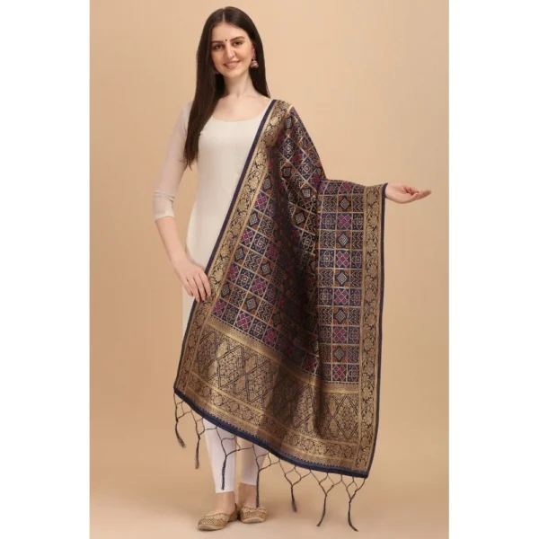 Generic Women's Silk Pure weaving Work Duppatta (Navy Blue, Length: 2-2.3 Mtrs) - Image 2