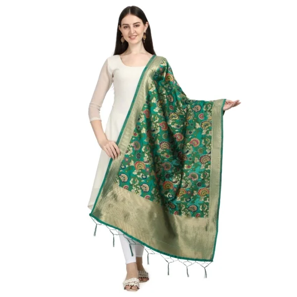 Generic Women's Silk Pure Zari weaving Duppatta (Green, Length: 2-2.3 Mtrs) - Image 2