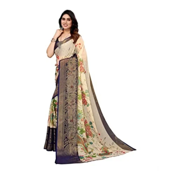 Generic Women's Viscose Rayon Printed Saree With Unstitched Blouse (Navy Blue) - Image 3