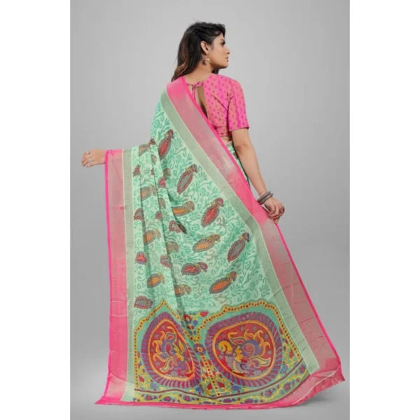 Generic Women's Viscose Rayon Printed Saree With Unstitched Blouse (Teal) - Image 2