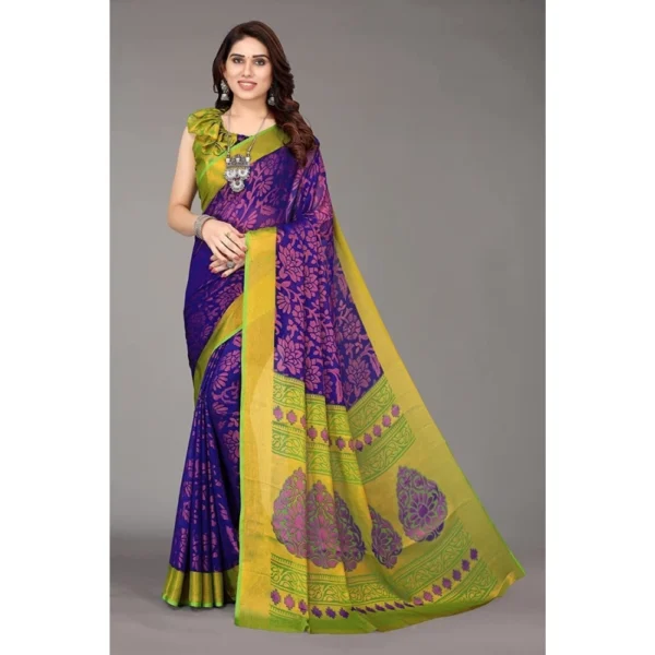Generic Women's Viscose Rayon Printed Saree With Unstitched Blouse (Blue) - Image 6