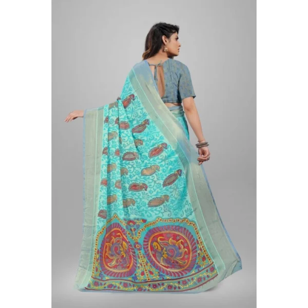 Generic Women's Viscose Rayon Printed Saree With Unstitched Blouse (Sky Blue) - Image 2