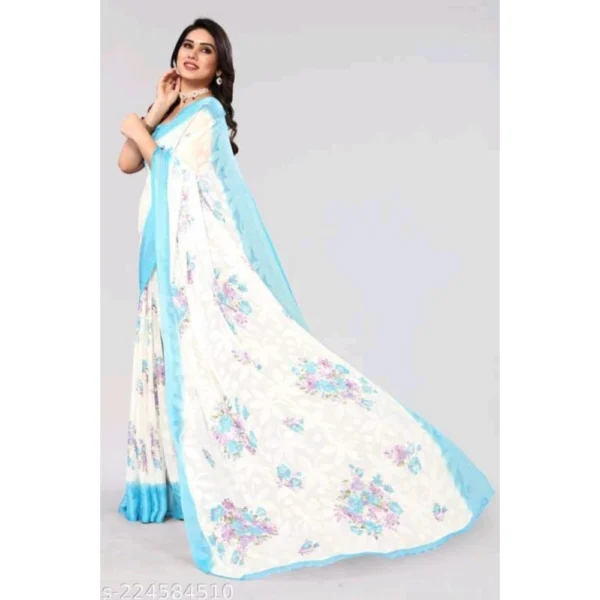 Generic Women's Viscose Rayon Printed Saree With Unstitched Blouse (Sky Blue) - Image 3