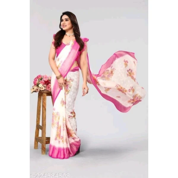 Generic Women's Viscose Rayon Printed Saree With Unstitched Blouse (Pink) - Image 3