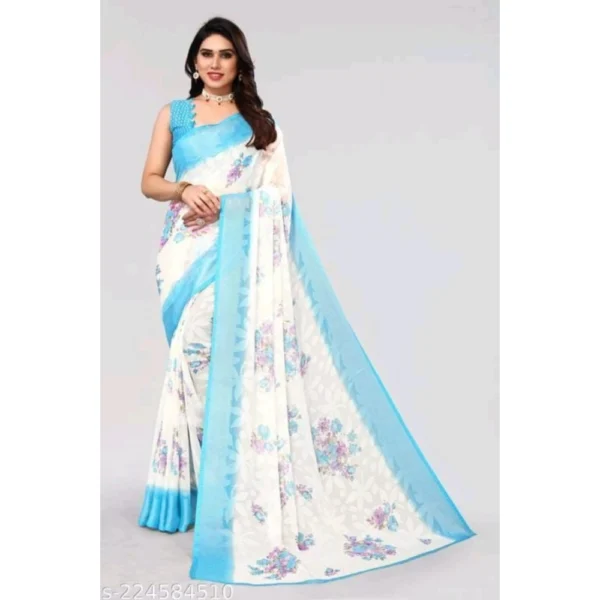 Generic Women's Viscose Rayon Printed Saree With Unstitched Blouse (Sky Blue) - Image 4