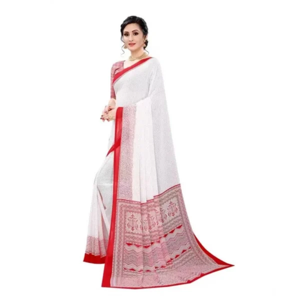 Generic Women's Georgette Printed Saree With Unstitched Blouse (Red) - Image 5