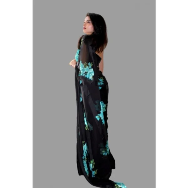 Generic Women's Satin Patta Printed Saree With Unstitched Blouse (Blue) - Image 3