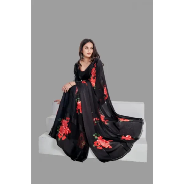 Generic Women's Satin Patta Printed Saree With Unstitched Blouse (Red) - Image 4