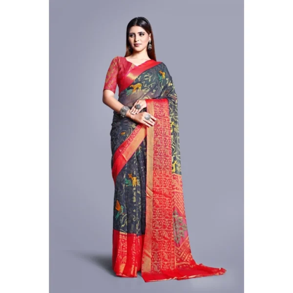 Generic Women's Viscose Rayon Printed Saree With Unstitched Blouse (Grey) - Image 5