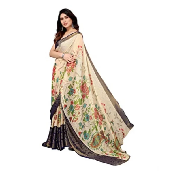 Generic Women's Viscose Rayon Printed Saree With Unstitched Blouse (Navy Blue) - Image 2