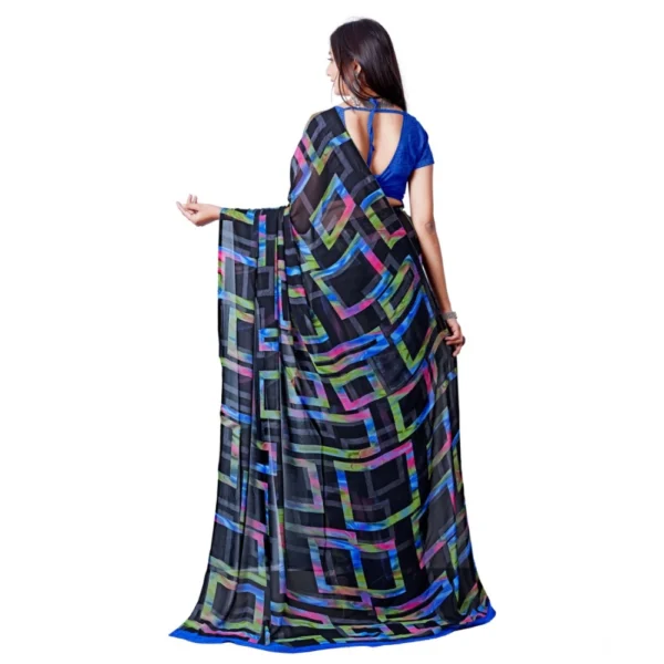 Generic Women's Georgette Printed Saree With Unstitched Blouse (Blue) - Image 2