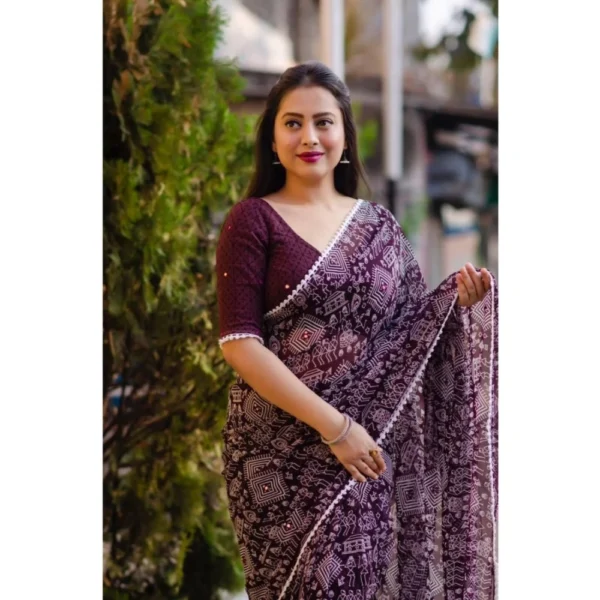 Generic Women's Georgette Printed Saree With Unstitched Blouse (Purple) - Image 2