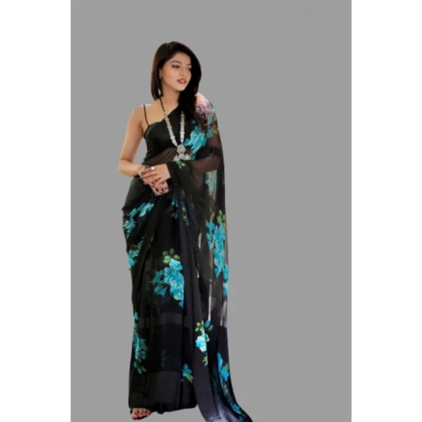 Generic Women's Satin Patta Printed Saree With Unstitched Blouse (Blue) - Image 2