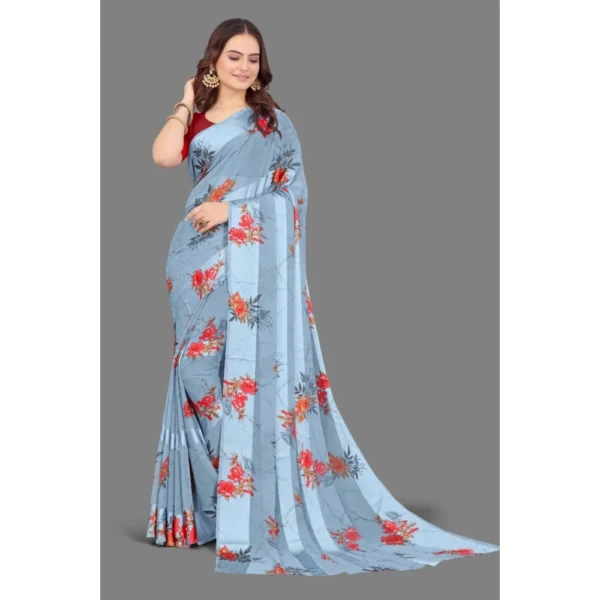 Generic Women's Satin Patta Printed Saree With Unstitched Blouse (Grey) - Image 2