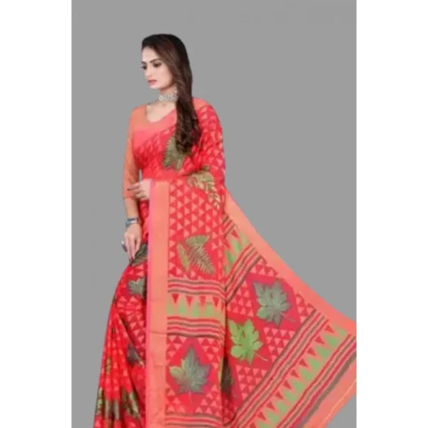Generic Women's Viscose Rayon Printed Saree With Unstitched Blouse (Red) - Image 3