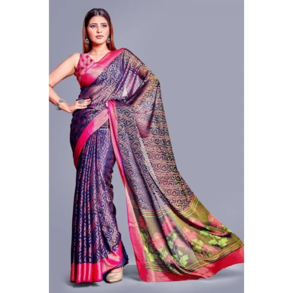 Generic Women's Viscose Rayon Printed Saree With Unstitched Blouse (Navy Blue) - Image 4