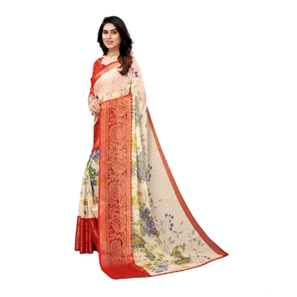 Generic Women's Viscose Rayon Printed Saree With Unstitched Blouse (Red) - Image 2