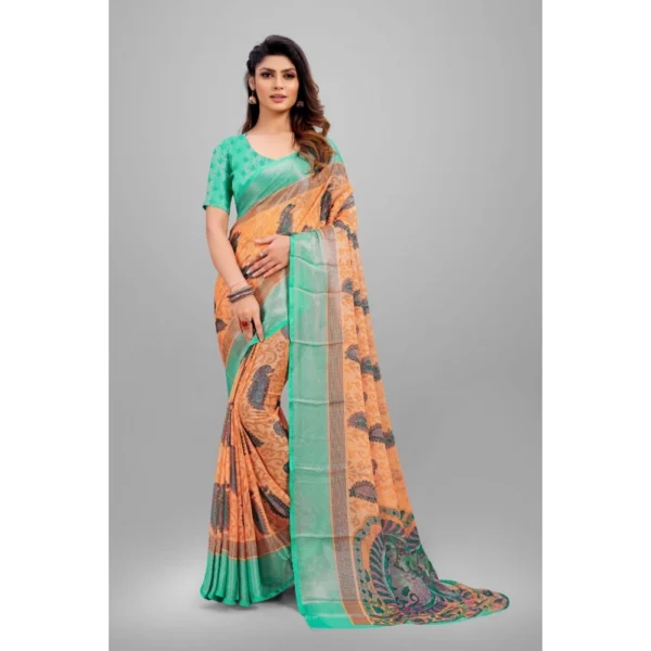 Generic Women's Viscose Rayon Printed Saree With Unstitched Blouse (Orange) - Image 4