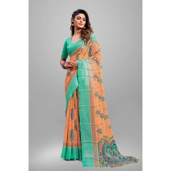Generic Women's Viscose Rayon Printed Saree With Unstitched Blouse (Orange) - Image 3