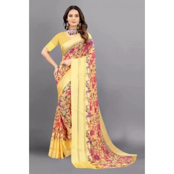 Generic Women's Satin Patta Printed Saree With Unstitched Blouse (Yellow) - Image 2