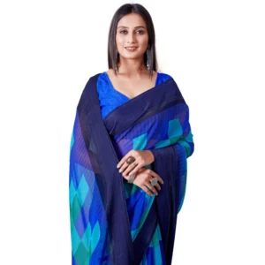Alternative view of Women's Satin Patta Printed Saree With Unstitched Blouse (Skyblue)