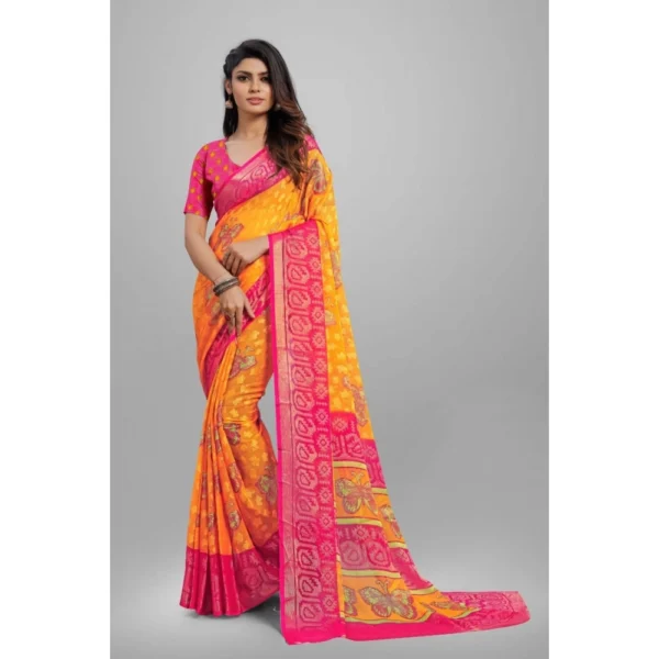 Generic Women's Viscose Rayon Printed Saree With Unstitched Blouse (Yellow) - Image 6