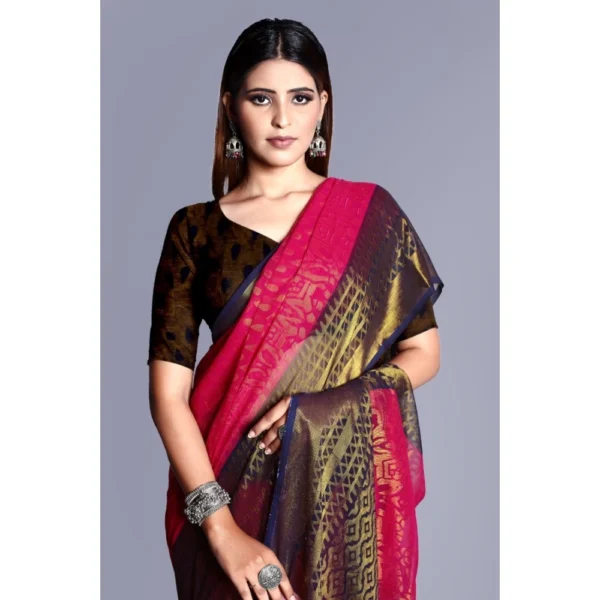Generic Women's Viscose Rayon Printed Saree With Unstitched Blouse (Pink) - Image 2