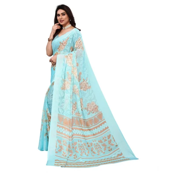 Generic Women's Viscose Rayon Printed Saree With Unstitched Blouse (Sky Blue) - Image 4