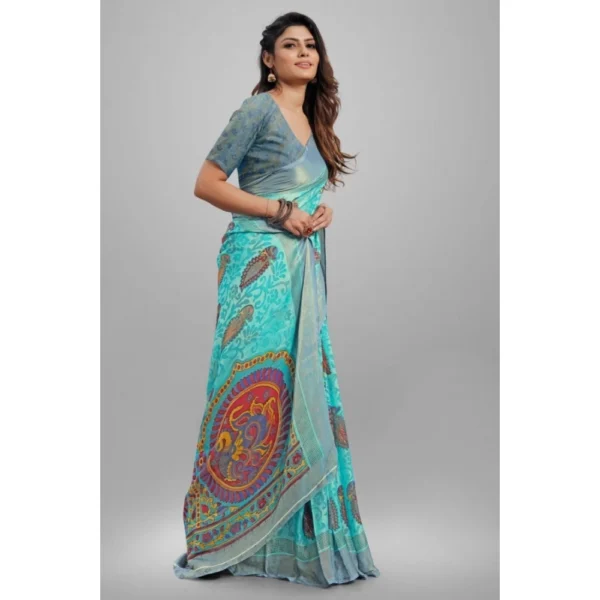 Generic Women's Viscose Rayon Printed Saree With Unstitched Blouse (Sky Blue) - Image 4