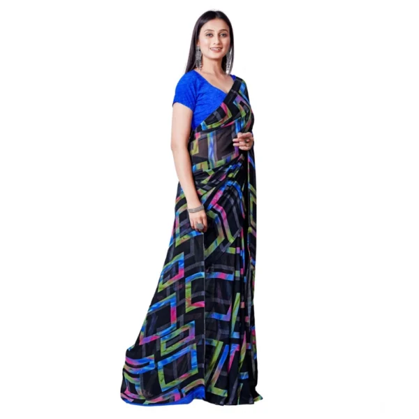 Generic Women's Georgette Printed Saree With Unstitched Blouse (Blue) - Image 3