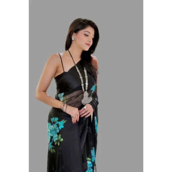 Generic Women's Satin Patta Printed Saree With Unstitched Blouse (Blue) - Image 4