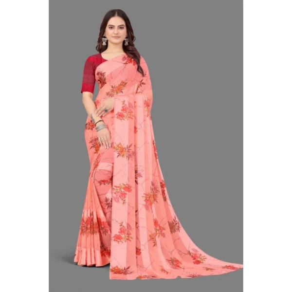 Generic Women's Satin Patta Printed Saree With Unstitched Blouse (Peach) - Image 3