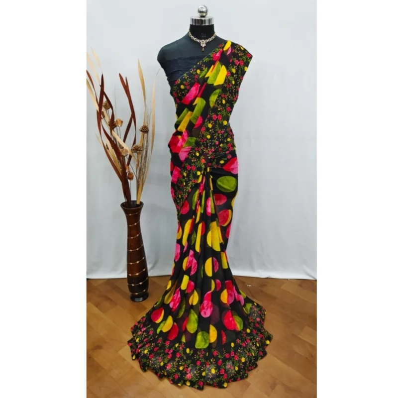Women's Georgette Printed Saree With Unstitched Blouse (Black)