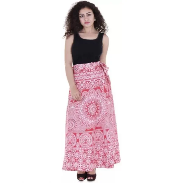 Women's Cotton Printed Wrap Around Maxi Skirt (Red, Free Size) - Image 2