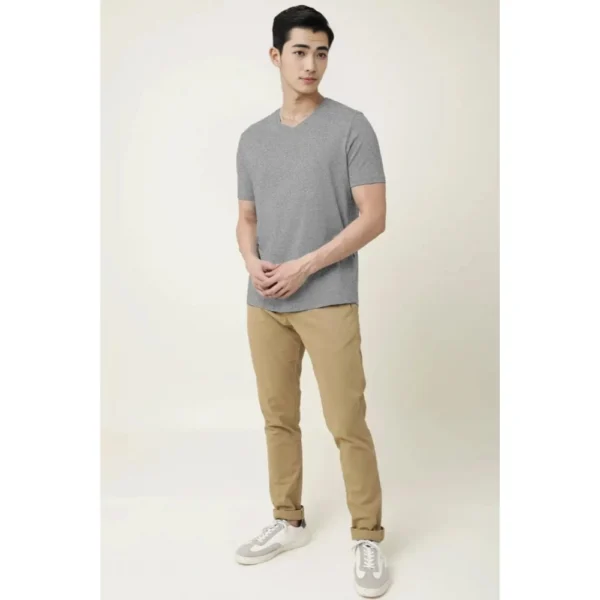 Men's?Casual Half sleeve Solid?Cotton V Neck T-shirt (Grey Melange) - Image 5